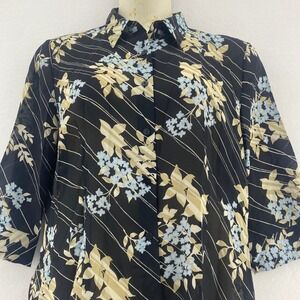Apostrophe 18 Floral Button Up Top Sheer 3/4 Sleeve Blouse Black Minimalist